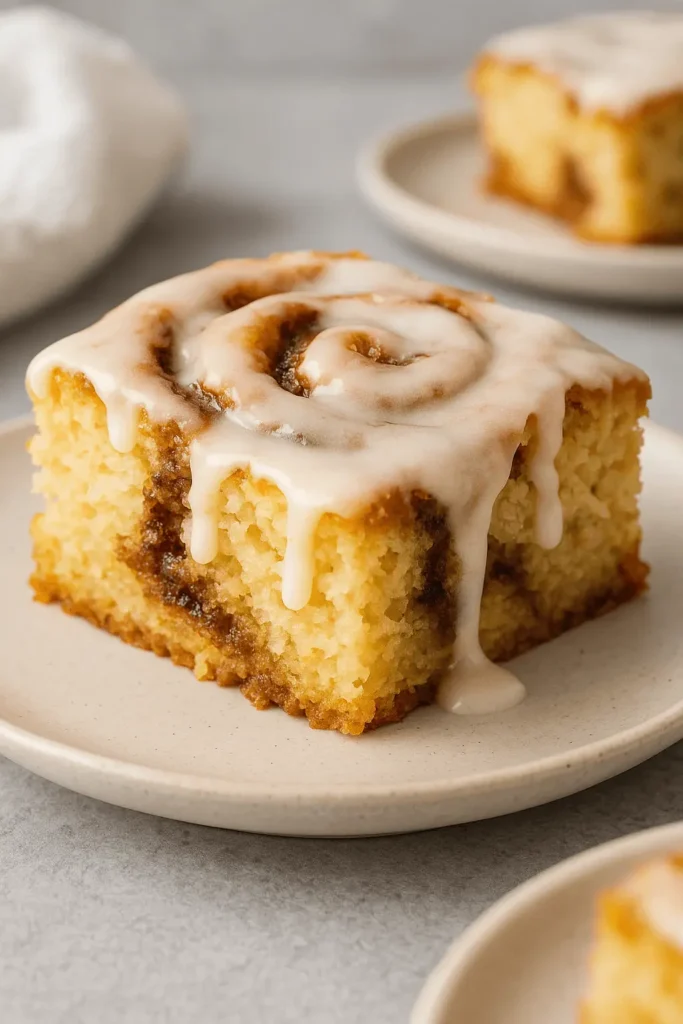 A thick slice of cinnamon roll cake with visible cinnamon swirls and creamy vanilla glaze melting over the top, served on a neutral ceramic plate.