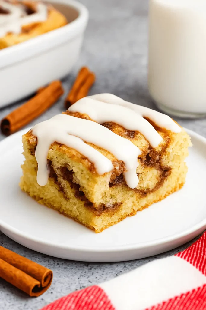 Single slice of cinnamon roll cake with icing drizzled on top, served on a white plate.
