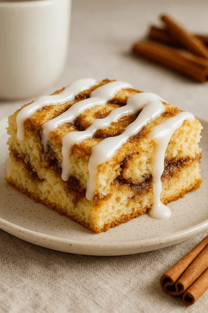 A slice of cinnamon roll cake with cinnamon-sugar layers and vanilla glaze, served on a ceramic plate with cinnamon sticks in the foreground.
