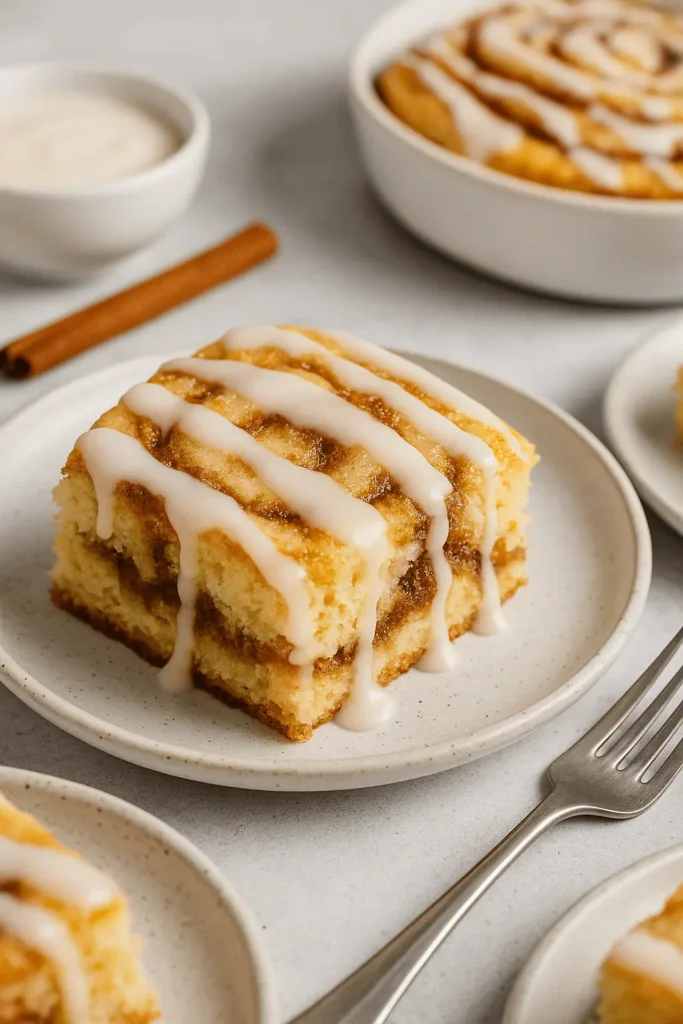 A close-up of a cinnamon roll cake slice with visible cinnamon-sugar layers and vanilla glaze drizzled over the top, served on a ceramic plate.