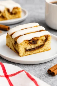 A slice of cinnamon roll cake with icing drizzled on top, served on a white plate beside a cup of coffee.