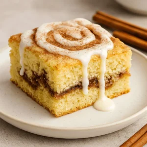 A slice of cinnamon roll cake with visible cinnamon-sugar filling, topped with spiral vanilla glaze and a sprinkle of cinnamon, served on a ceramic plate.