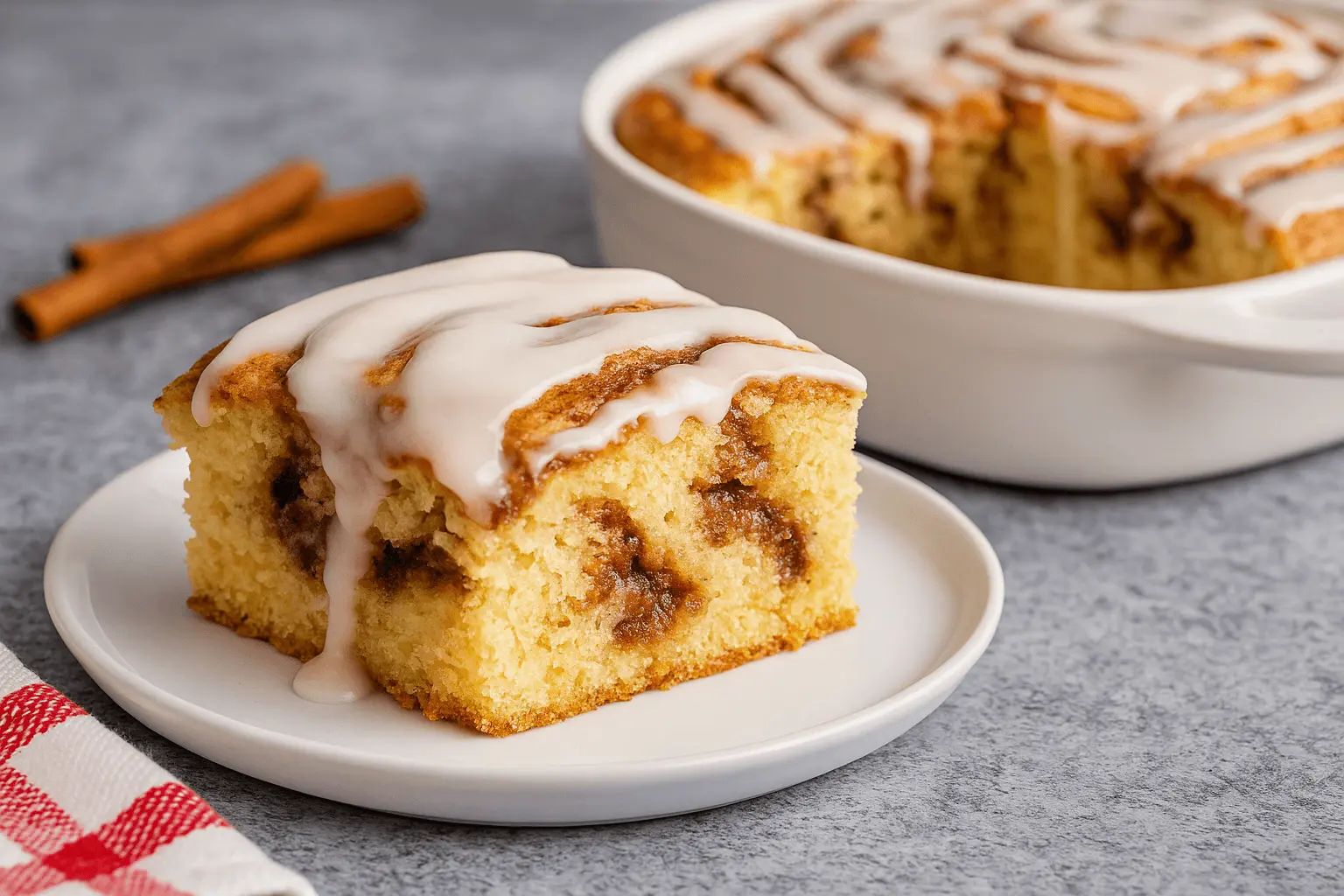 Freshly baked cinnamon roll cake slice drizzled with icing on a white plate.