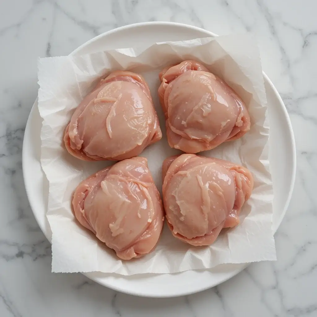 Four uncooked chicken thighs on parchment paper for a pellet grill recipe.