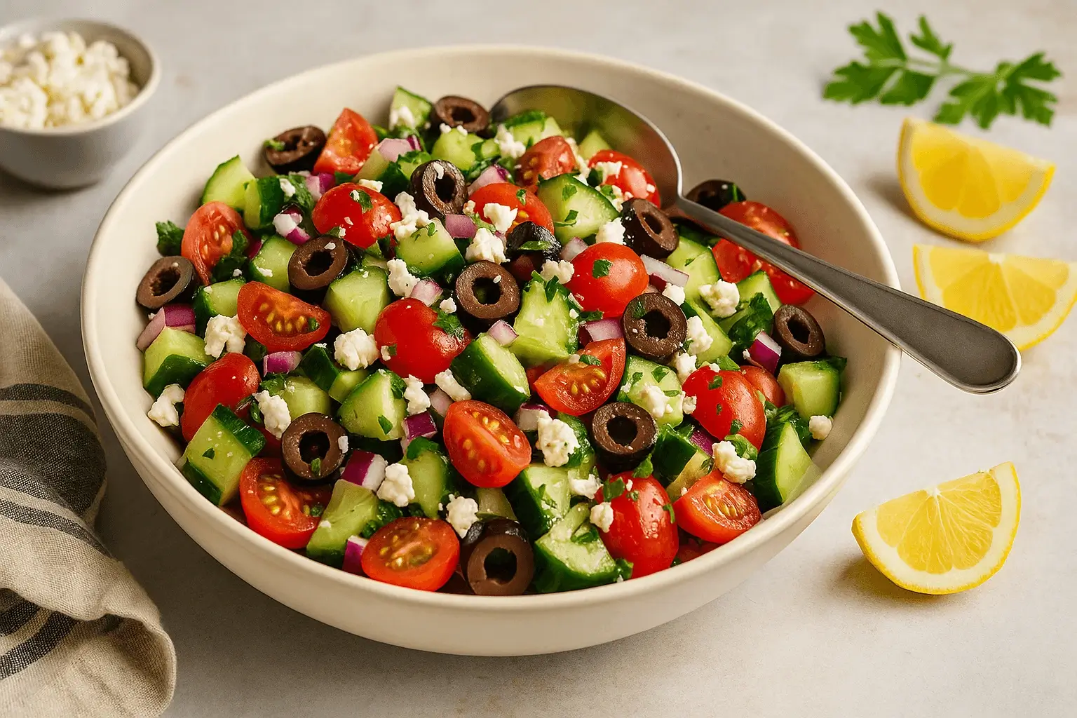 Colorful bowl of Cucumber Chickpea Salad with cherry tomatoes, olives, feta, and fresh herbs