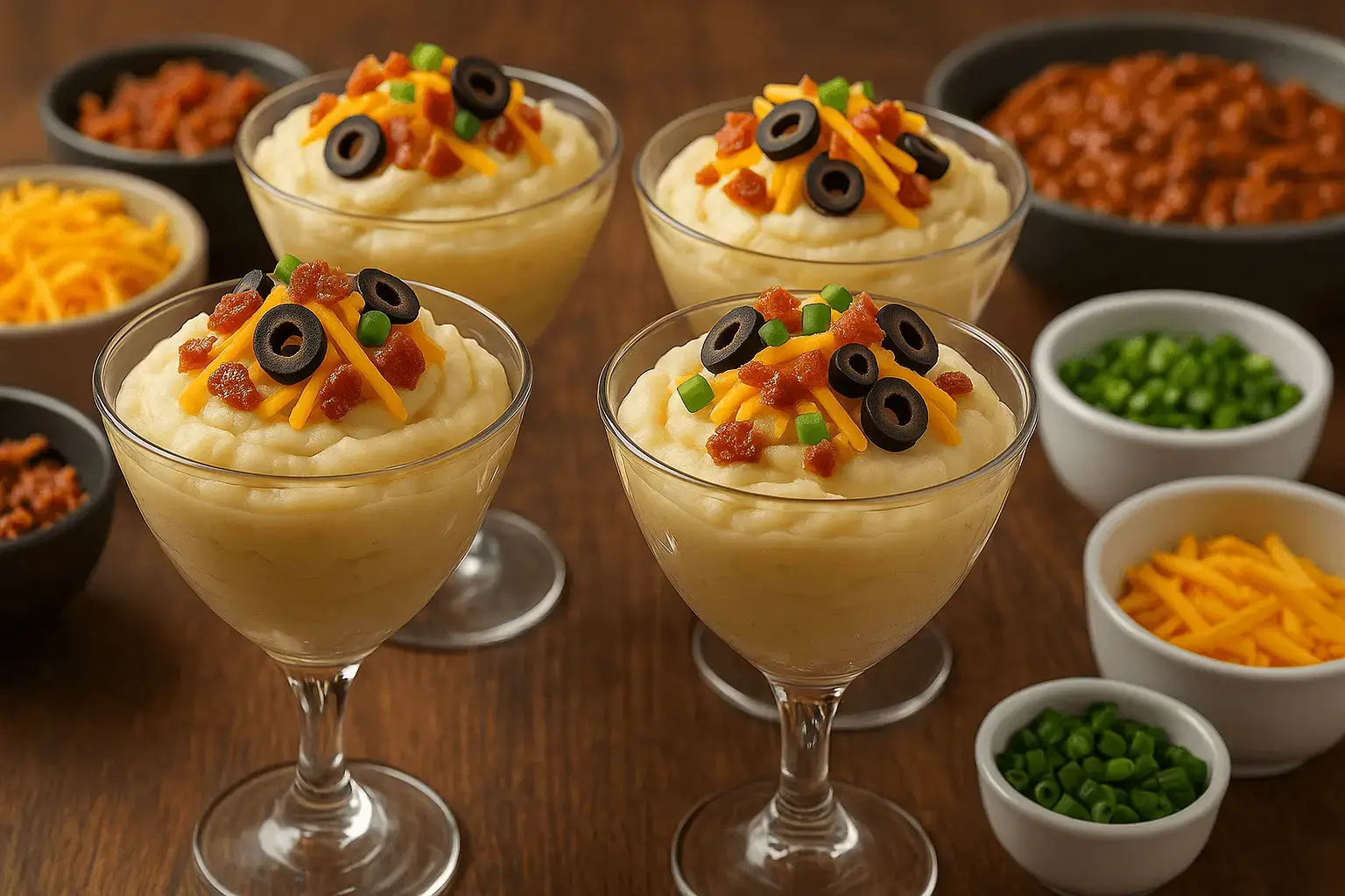 Mashed Potato Bar served in elegant glass cups, topped with shredded cheese, chopped green onions, sliced olives, and bacon bits, with toppings arranged in bowls on a wooden table.