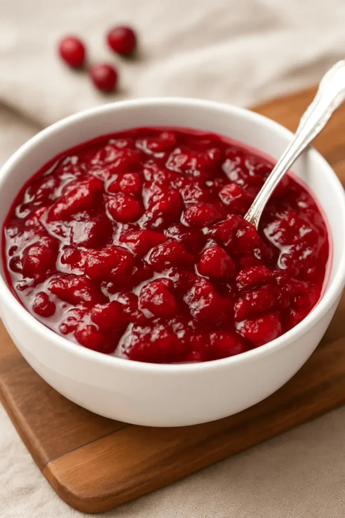 Bowl of cranberry sauce with whole berries and a silver spoon