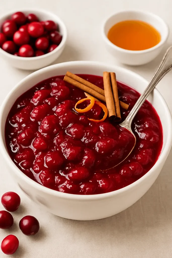 Cranberry sauce in a white bowl with cinnamon sticks and orange zest, surrounded by fresh cranberries and maple syrup