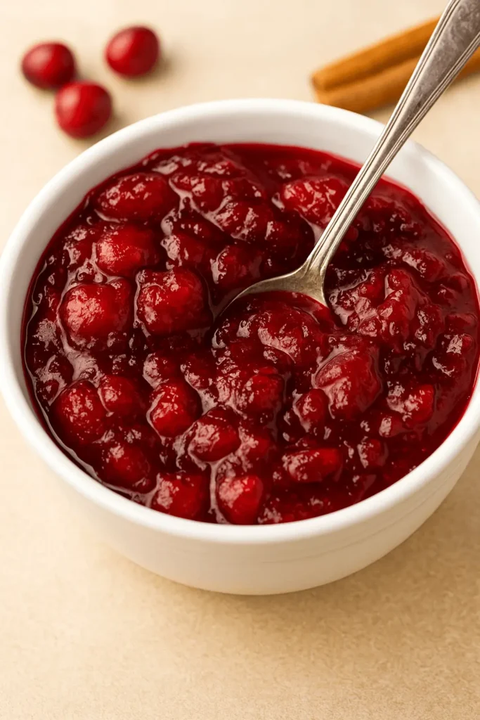 Thick cranberry sauce in a white bowl with a spoon and cinnamon stick nearby