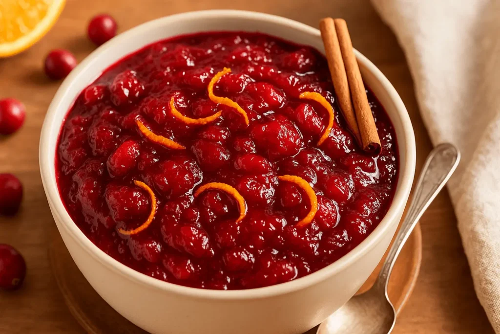 Homemade cranberry sauce in a white bowl, topped with orange zest and cinnamon sticks