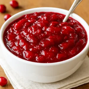Close-up of cranberry sauce in a white bowl with a spoon on a wooden surface
