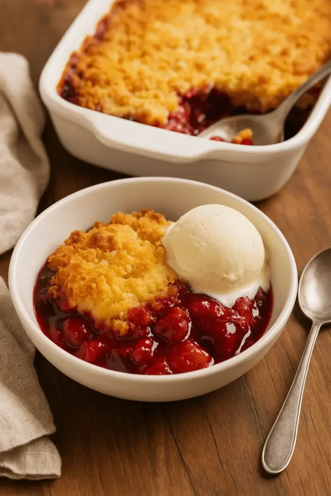 Bowl of cherry dump cake topped with a scoop of vanilla ice cream, served beside a baking dish.