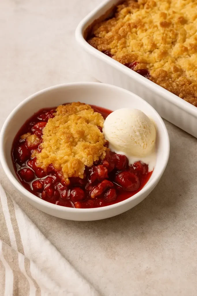 Bowl of cherry dump cake with vanilla ice cream next to a baking dish on a neutral background.