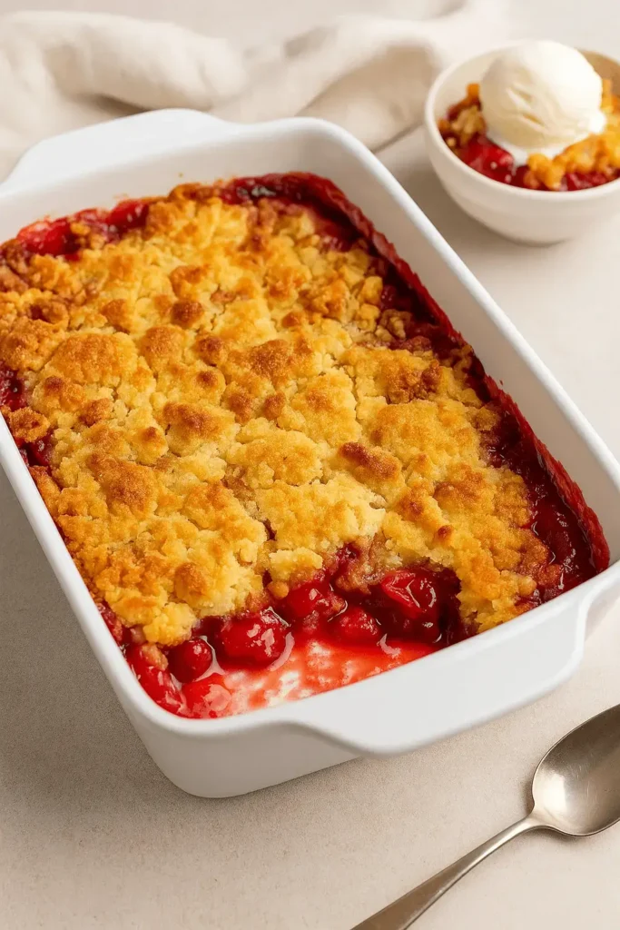 Freshly baked cherry dump cake in a white dish with a golden topping and a serving in the background.