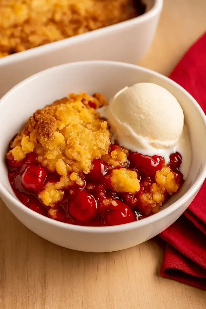 Close-up of cherry dump cake served warm with vanilla ice cream in a white bowl.