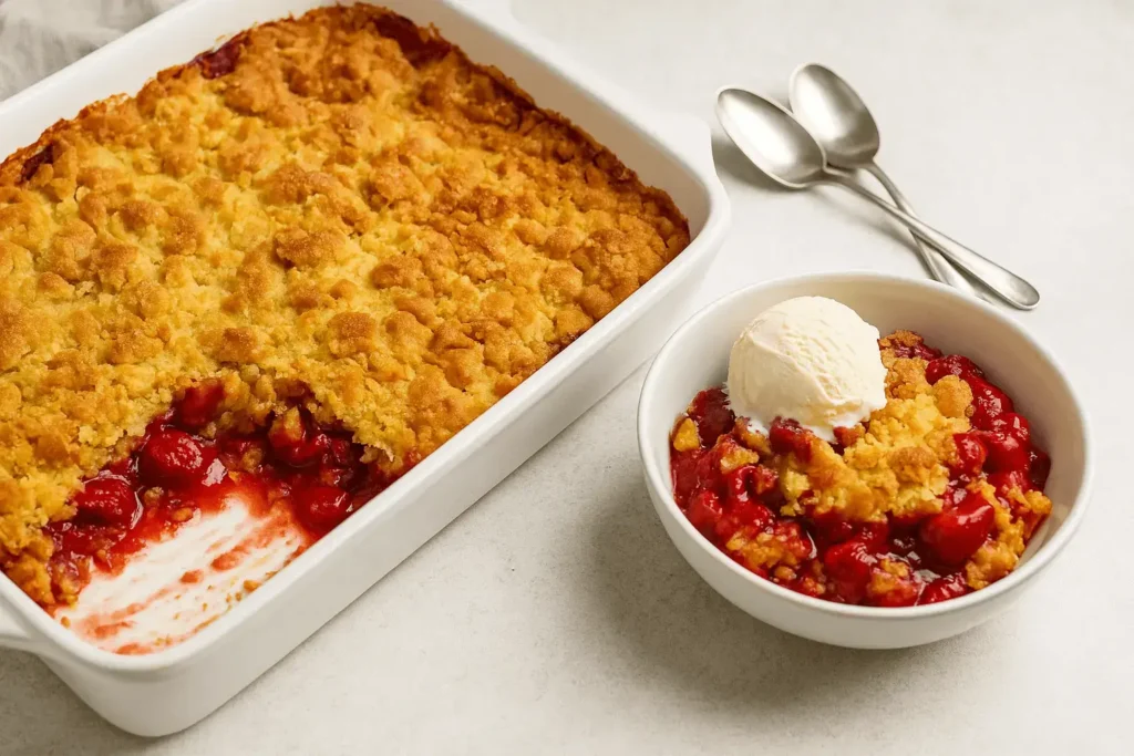 Golden cherry dump cake in a white baking dish with a serving topped with vanilla ice cream in a bowl beside it.
