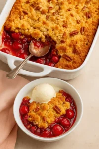 Cherry dump cake topped with pecans and served with a scoop of vanilla ice cream.