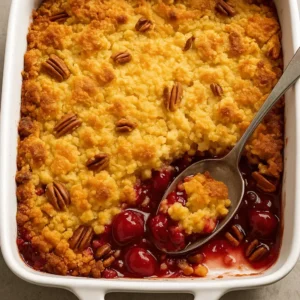 Cherry dump cake with golden topping and pecans in a white baking dish.