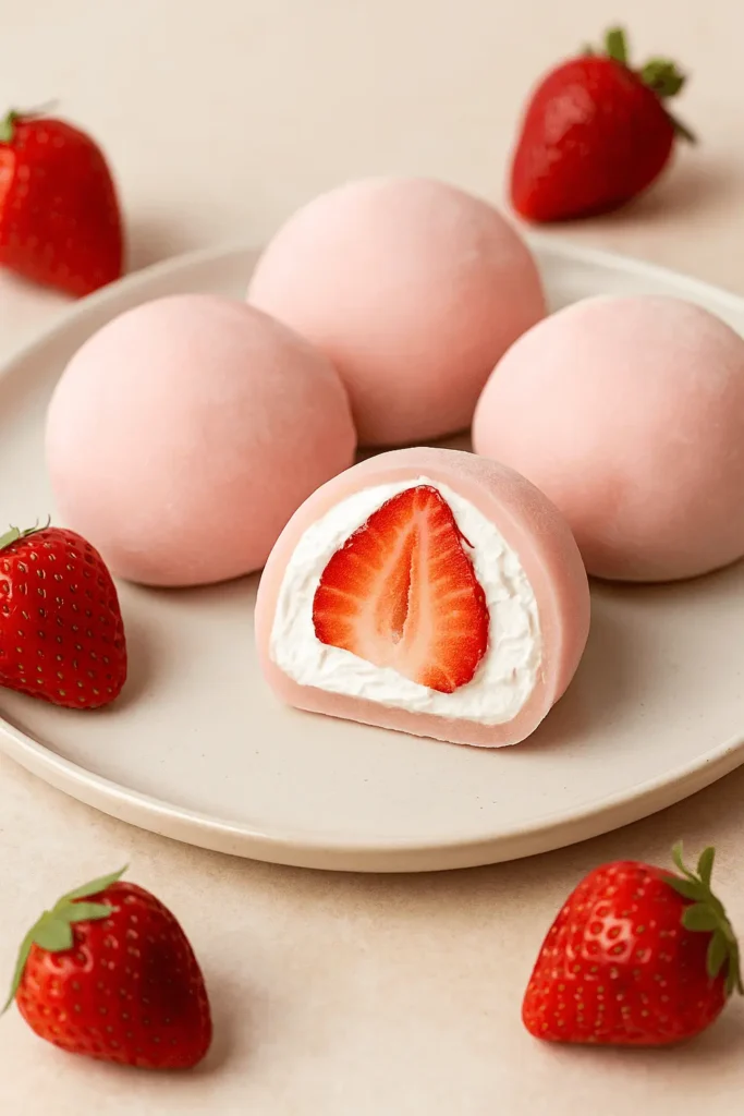 Fresh mochi strawberry with cream filling and whole strawberries on a plate