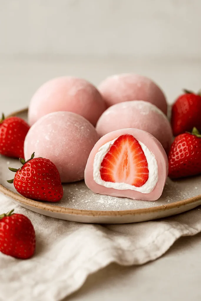 Plate of mochi strawberry desserts with cream filling and fresh strawberries