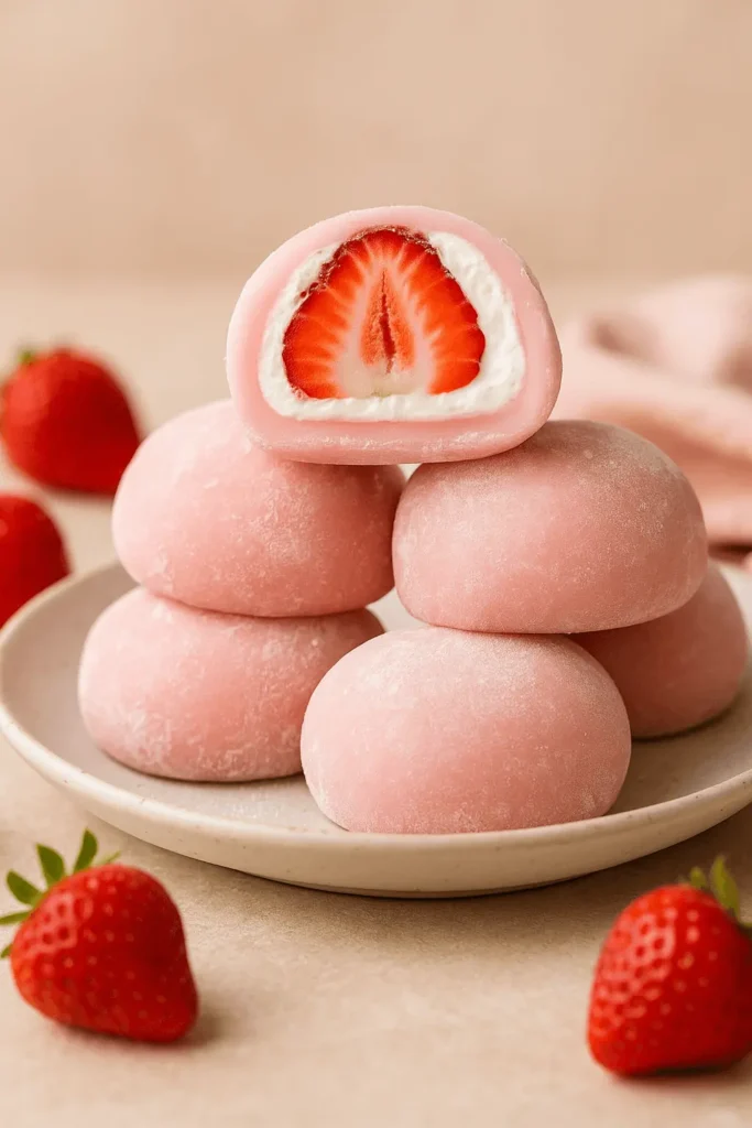 Close-up of a stack of mochi strawberry desserts with fresh strawberries on a plate.
