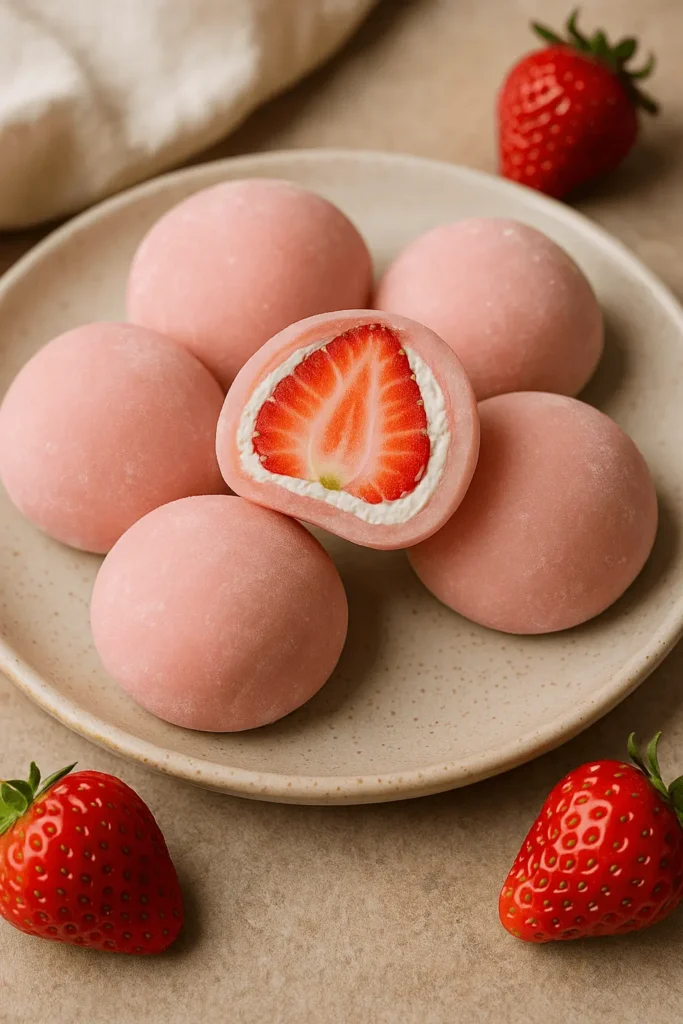 A plate of five pink mochi strawberry treats, with one cut open to reveal a fresh strawberry center and creamy filling.