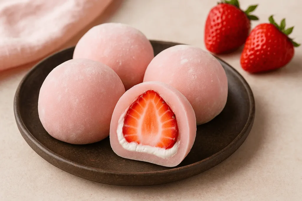 Close-up of mochi strawberry with creamy filling and fresh fruit center on a plate