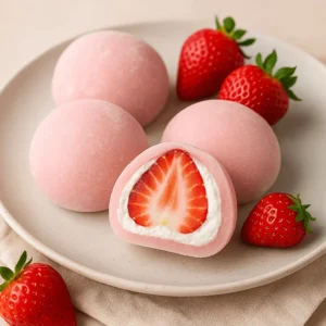 A close-up view of mochi strawberry treats on a white plate, with one piece cut open to reveal a fresh strawberry center surrounded by cream and soft pink mochi dough.
