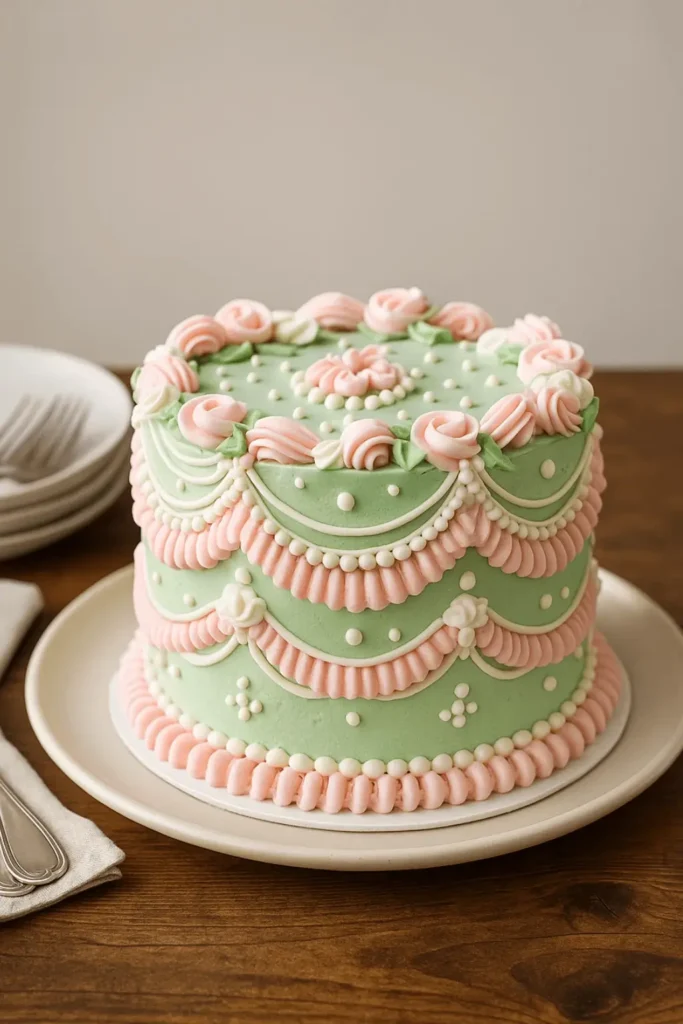 Pastel green and pink rococo cake with piped rosettes and scalloped decorations on a white plate