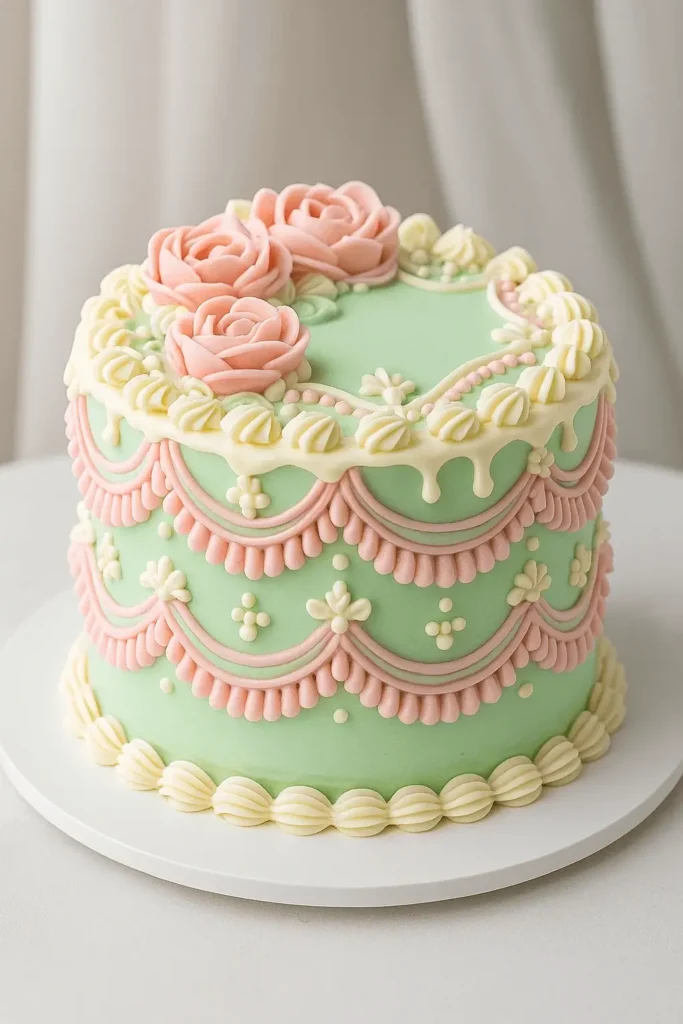 Elegant rococo cake decorated with piped pink roses, vintage swags, and soft pastel colors