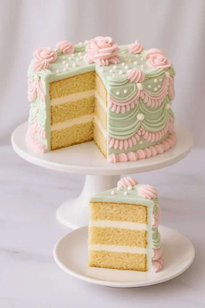 Sliced rococo cake showing three vanilla layers with pastel pink and green piped frosting