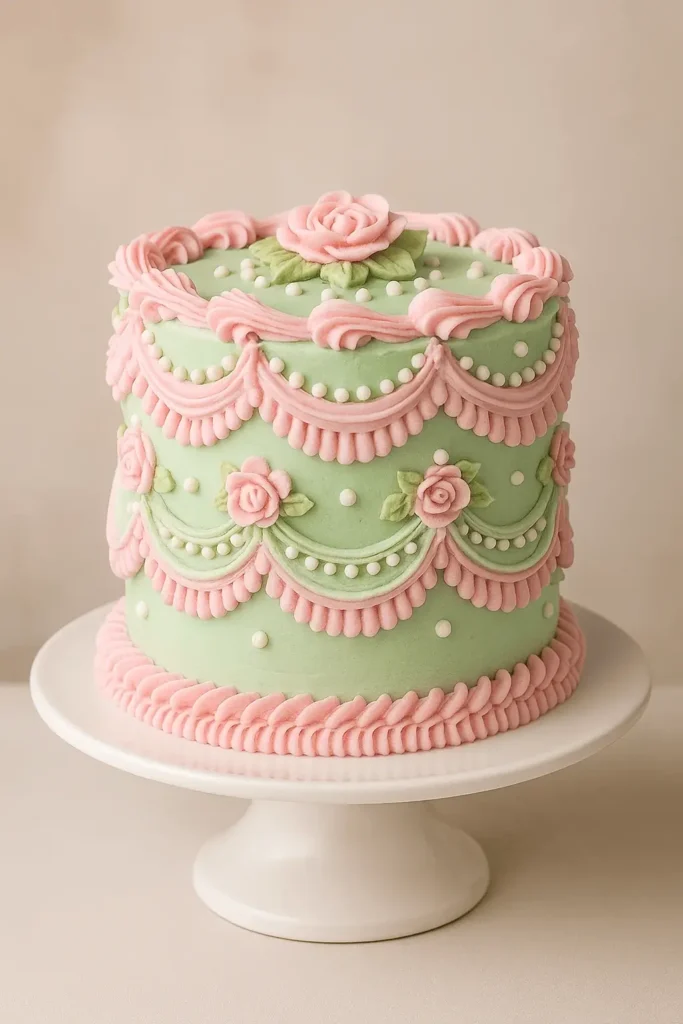 A pastel green rococo cake decorated with pink roses and piped swags