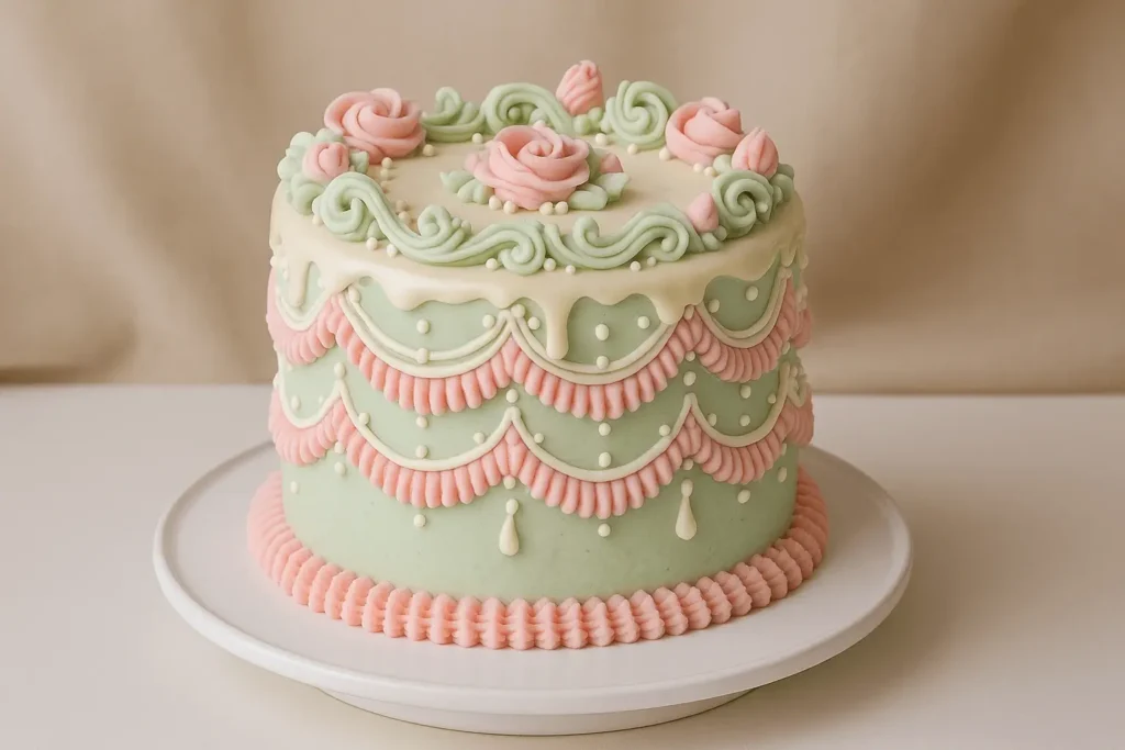 Pastel green and pink rococo cake with piped swags, roses, and pearls on a white cake stand