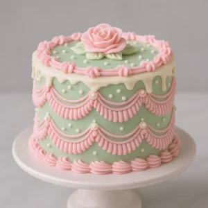 A rococo cake decorated with pink piped swags, pearls, and a rose on top