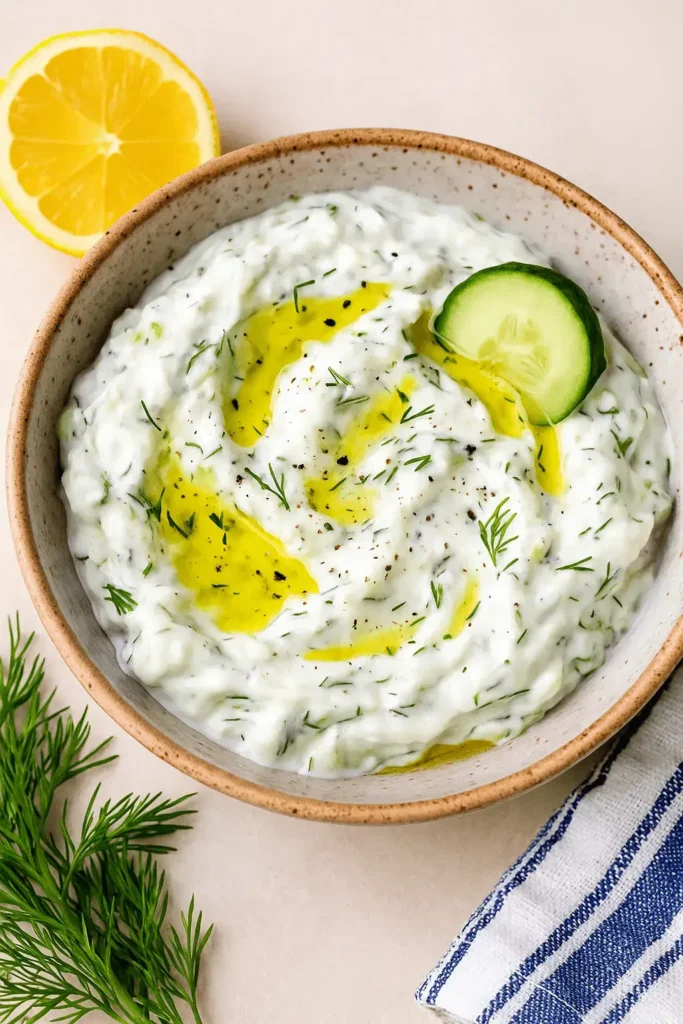 Bowl of creamy tzatziki sauce with cucumber slice, fresh dill, and a drizzle of olive oil.