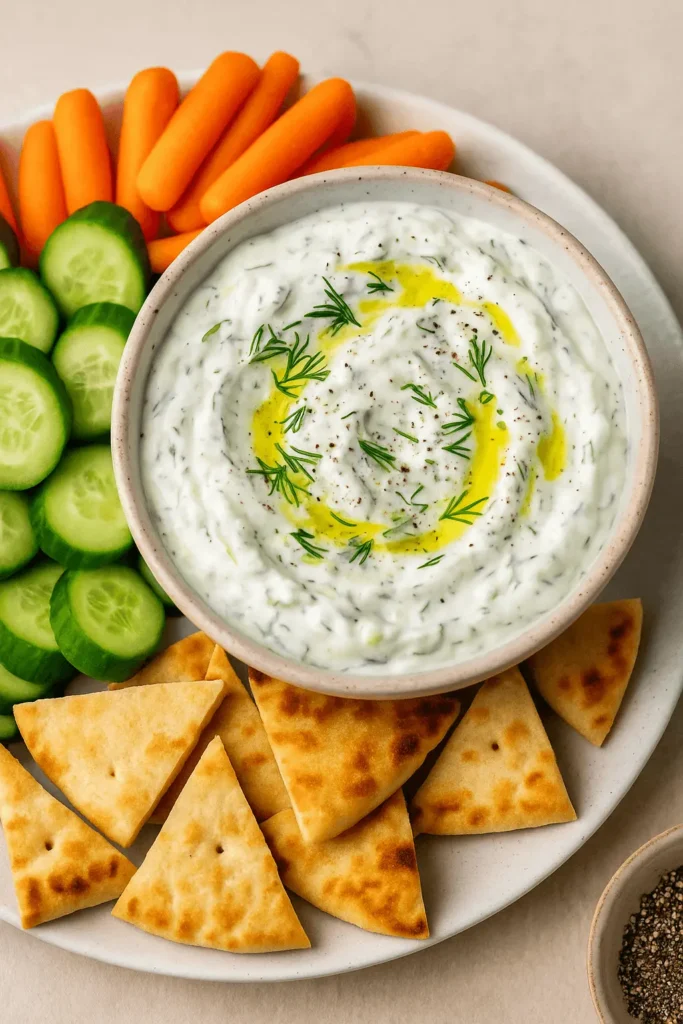 Bowl of tzatziki sauce with fresh dill, served alongside cucumber slices, baby carrots, and warm pita bread.