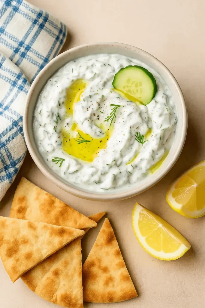 Bowl of tzatziki sauce with cucumber garnish, olive oil drizzle, and warm pita bread served with lemon wedges.