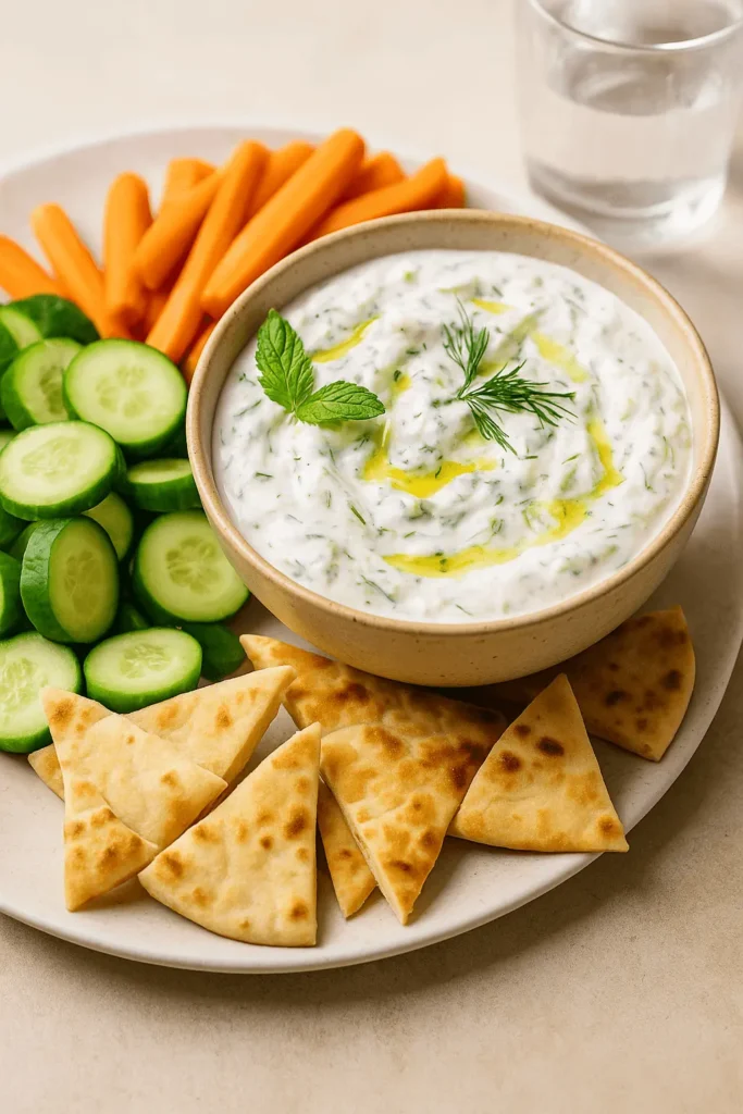 Bowl of tzatziki sauce with dill and mint garnish, served with cucumber slices, carrots, and warm pita bread.
