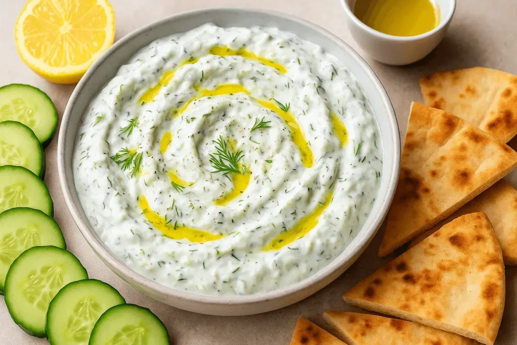 Bowl of creamy tzatziki sauce with olive oil, fresh dill, cucumber slices, and warm pita bread.