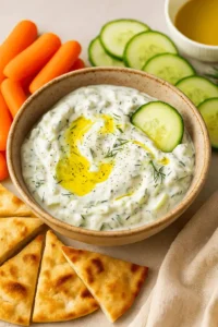 Bowl of tzatziki sauce with cucumber slice and olive oil drizzle, served with pita bread, carrots, and cucumber slices.