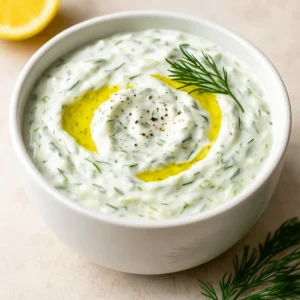 Bowl of tzatziki sauce with olive oil drizzle and fresh dill garnish.