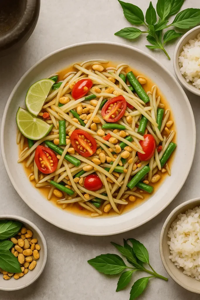 Top view of a Thai papaya salad with cherry tomatoes, green beans, roasted peanuts, and lime wedges on a white ceramic plate.