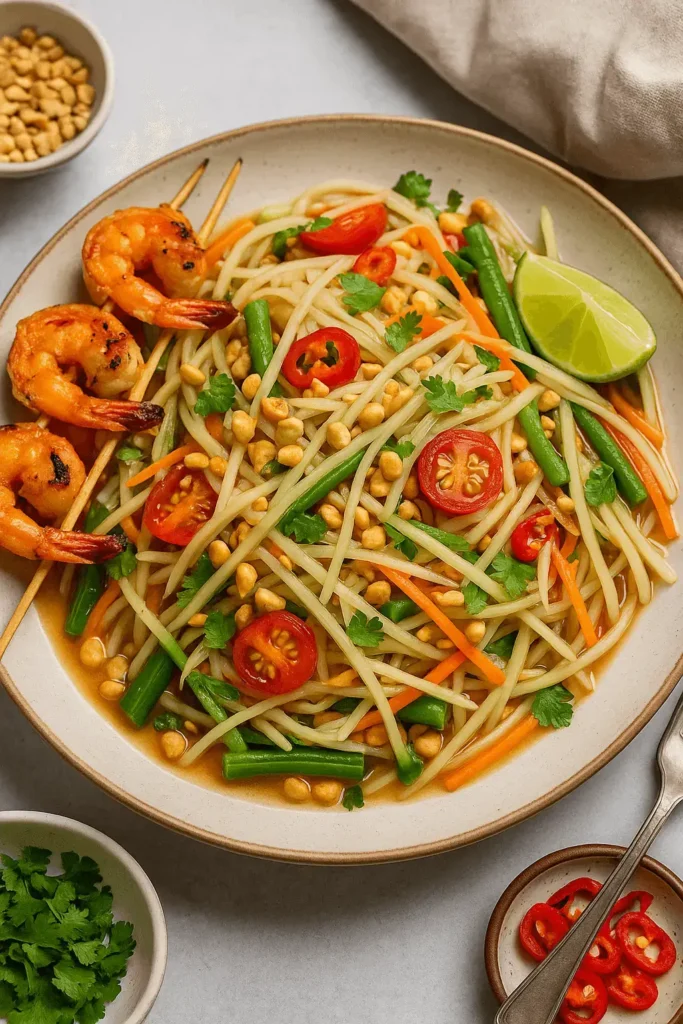 Close-up of Thai papaya salad with green beans, cherry tomatoes, peanuts, and grilled shrimp skewers on a ceramic plate.