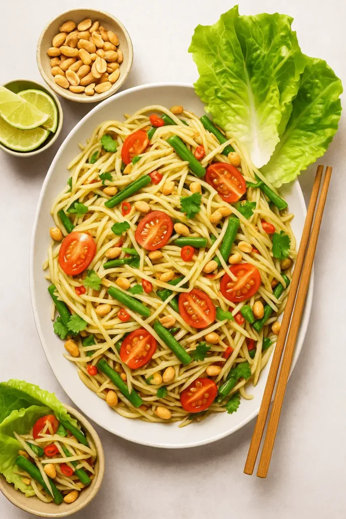 Overhead view of Thai papaya salad with green beans, cherry tomatoes, peanuts, and lettuce leaves on a white platter.