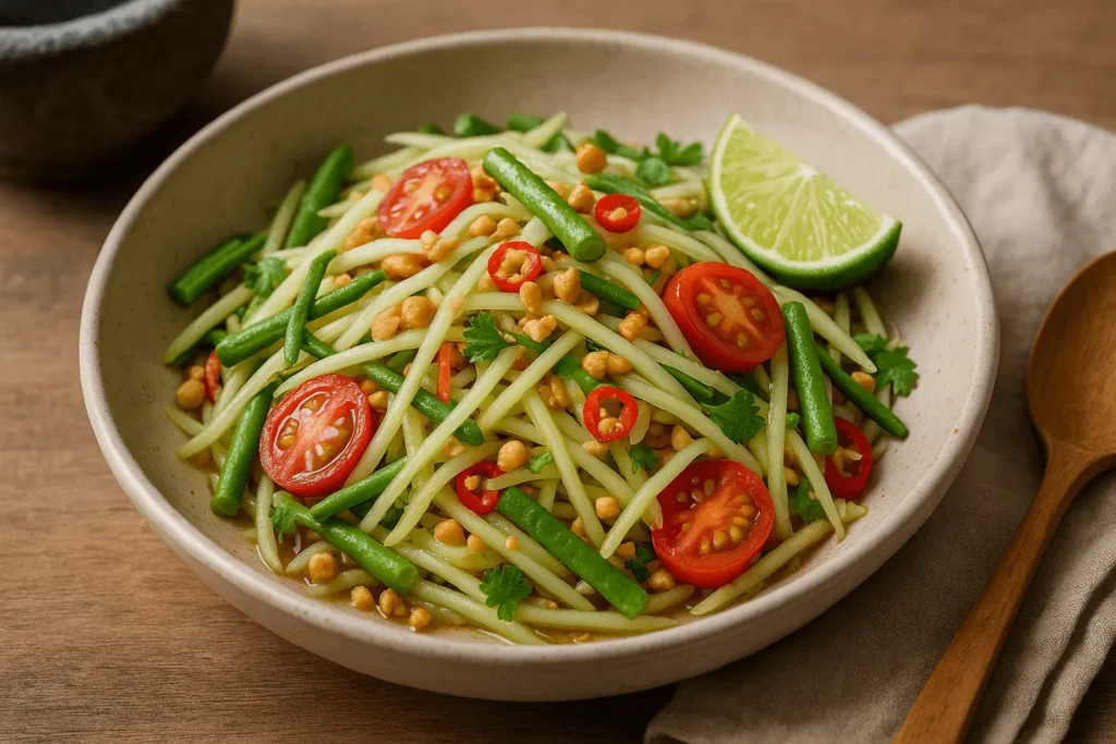 Fresh Thai papaya salad with green beans, cherry tomatoes, peanuts, and lime wedges served in a rustic ceramic bowl.