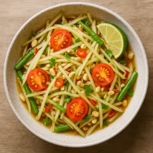 Top view of a bowl of Thai papaya salad with green beans, cherry tomatoes, crushed peanuts, and a lime wedge.