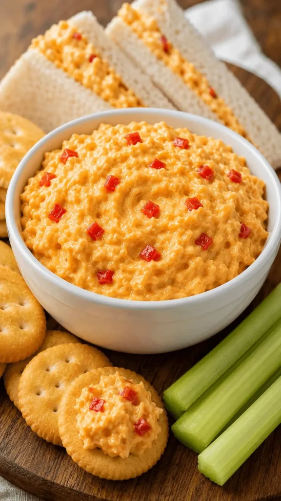 Pimento cheese recipe served in a white bowl with diced pimentos, round crackers, celery sticks, and pimento cheese sandwiches.