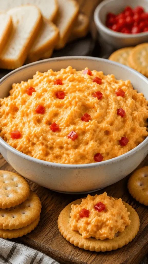 Creamy pimento cheese recipe in a ceramic bowl with diced pimentos, crackers, bread slices, and a cracker topped with pimento cheese spread.