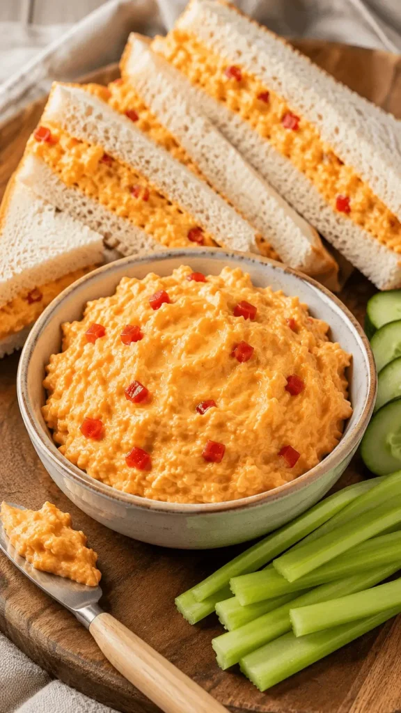 Pimento cheese recipe in a ceramic bowl with diced pimentos, celery sticks, cucumber slices, a spreader, and pimento cheese sandwiches.