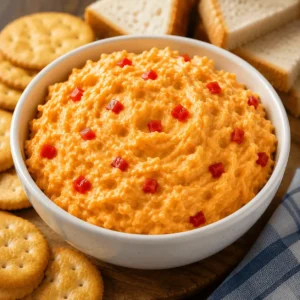 Creamy pimento cheese recipe in a white bowl, topped with diced pimentos and served with crackers and sliced bread.